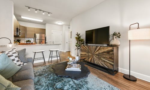 a living room with a couch and a tv